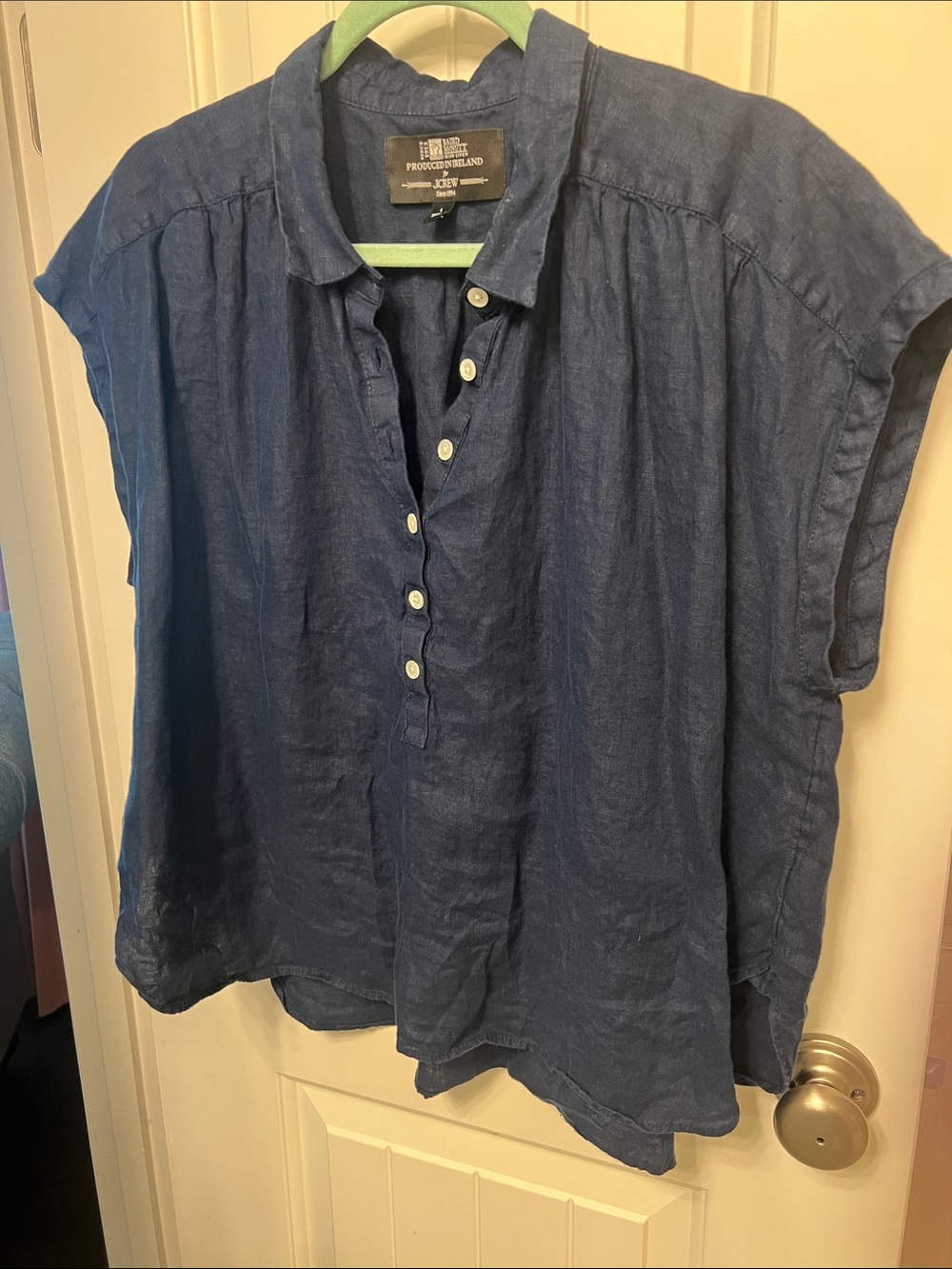 J. Crew Dark Blue Linen Button Henley Cap Sleeve Top and Linen Pant Set